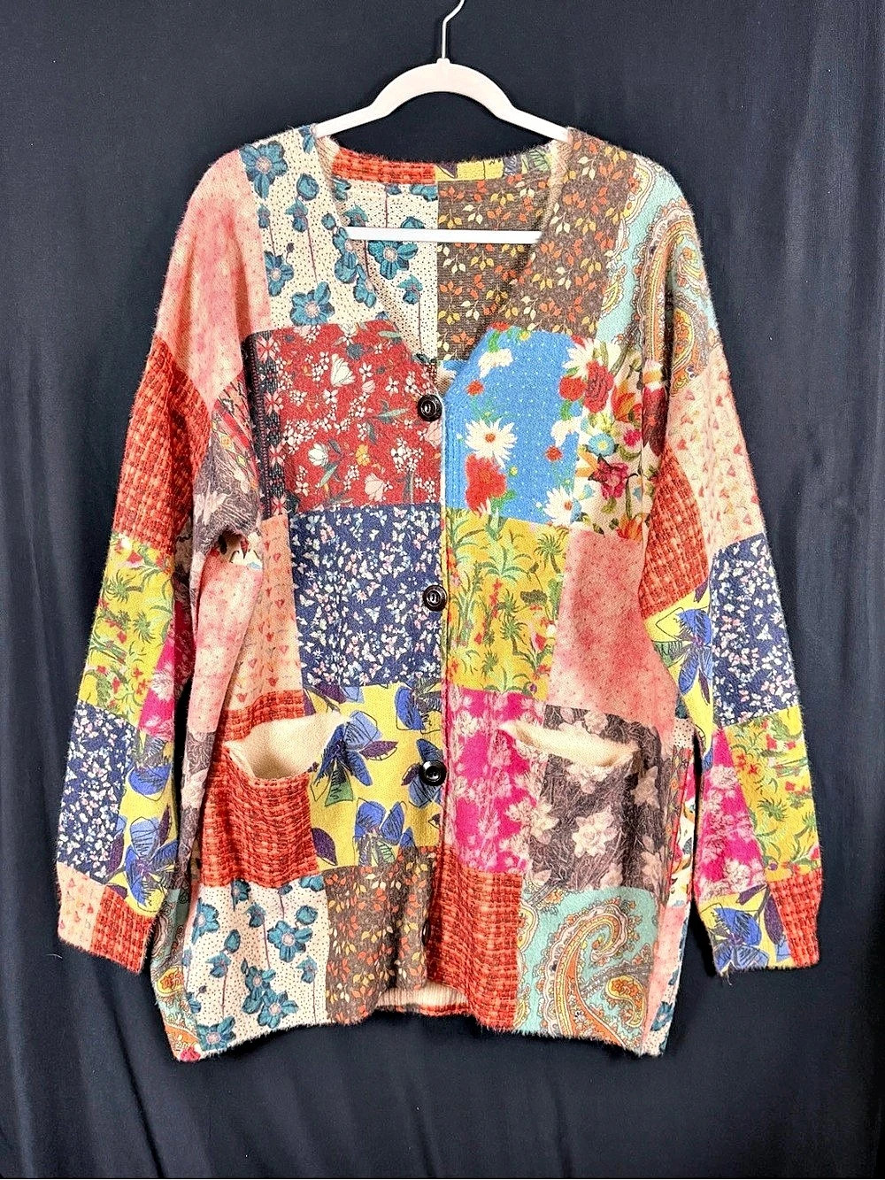 Patchwork Cardigan Soft Will Cotton Blend wood buttons long line Cottage Cabin
